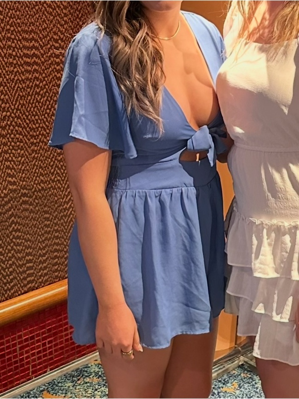 Pink Lily Blue Tie-Front Romper with Flutter Sleeves